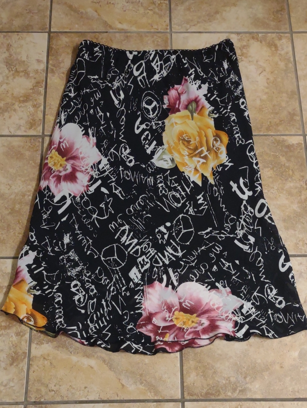 Black Floral A-Line Skirt with Yellow & Pink Rose Accents